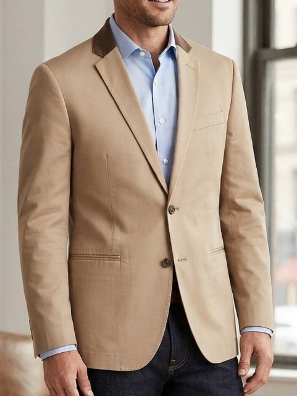 J.Crew Thompson Khaki Cotton Blazer Suit Jacket Suede Collar Size 42R